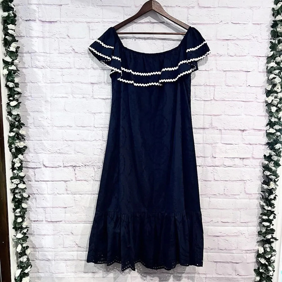 Monsoon Off The Shoulder Embroidered Maxi Dress Cotton Navy Ruffle Size Large - Picture 3 of 11